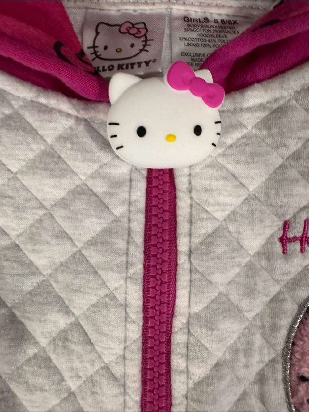 Hello Kitty Pink, White & Black Quilted Hooded Zip Jacket